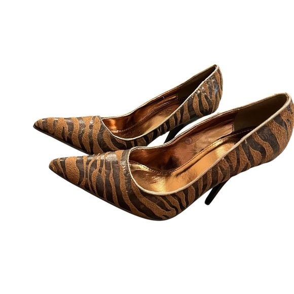 Vintage retro Miss Me y2k stiletto 3” high heels shoes suede brown striped 9 - Picture 4 of 5